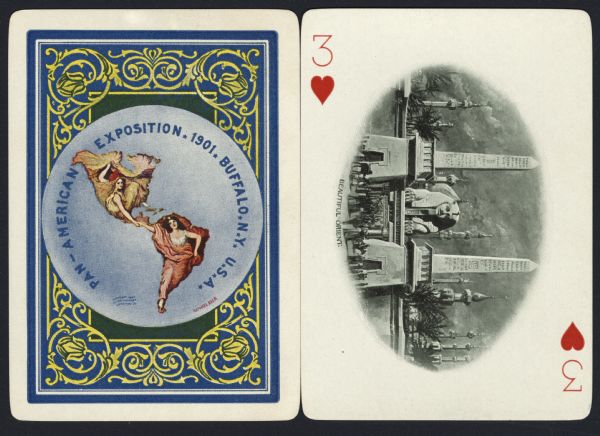 Souvenir playing card out of a full deck from the Pan-American Exposition. The Three of Hearts displays a drawing of the "Beautiful Orient." Two obelisks frame the head of the Sphinx with a stone wall surrounding the area. Other towers and palm trees fill the background. In the foreground is a crowd of people with donkeys and camels. On the reverse is the official logo for the Pan-American Exposition in full color, with an ornate border.