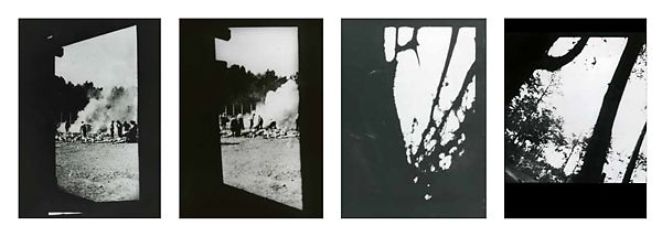 Sonderkommando photographs taken in KL Auschwitz II-Birkenau, Summer 1944 [Negative nos. 277, 278, 282, 283: Burning of corpses in the open air; Women driven to gas chambers; Tree branches] | The Metropolitan Museum of Art