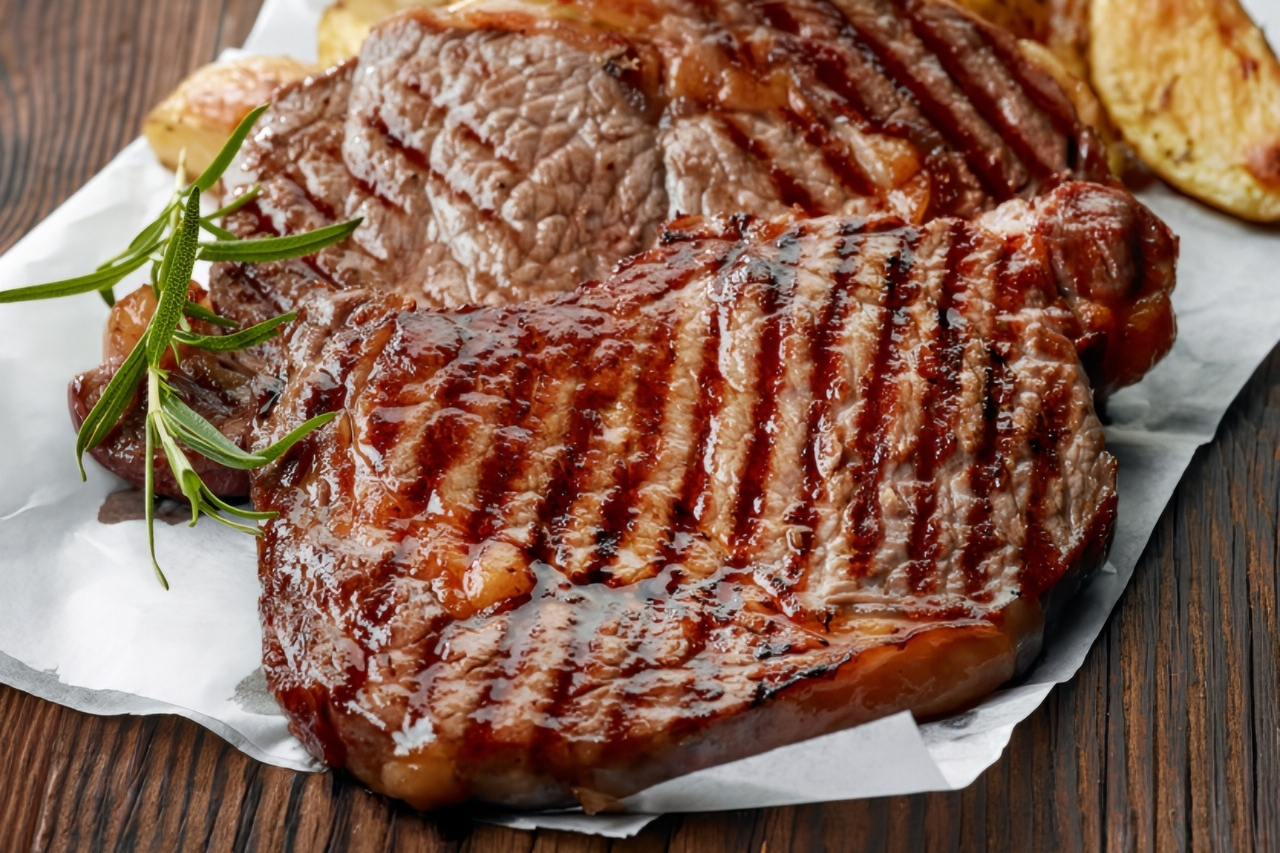 Grilled beef steak on white baking paper. Image Credit: Creative Commons.