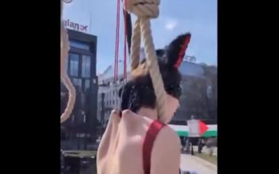 WATCH: Crazed anti-Israel protester hangs herself by hooks in shocking display