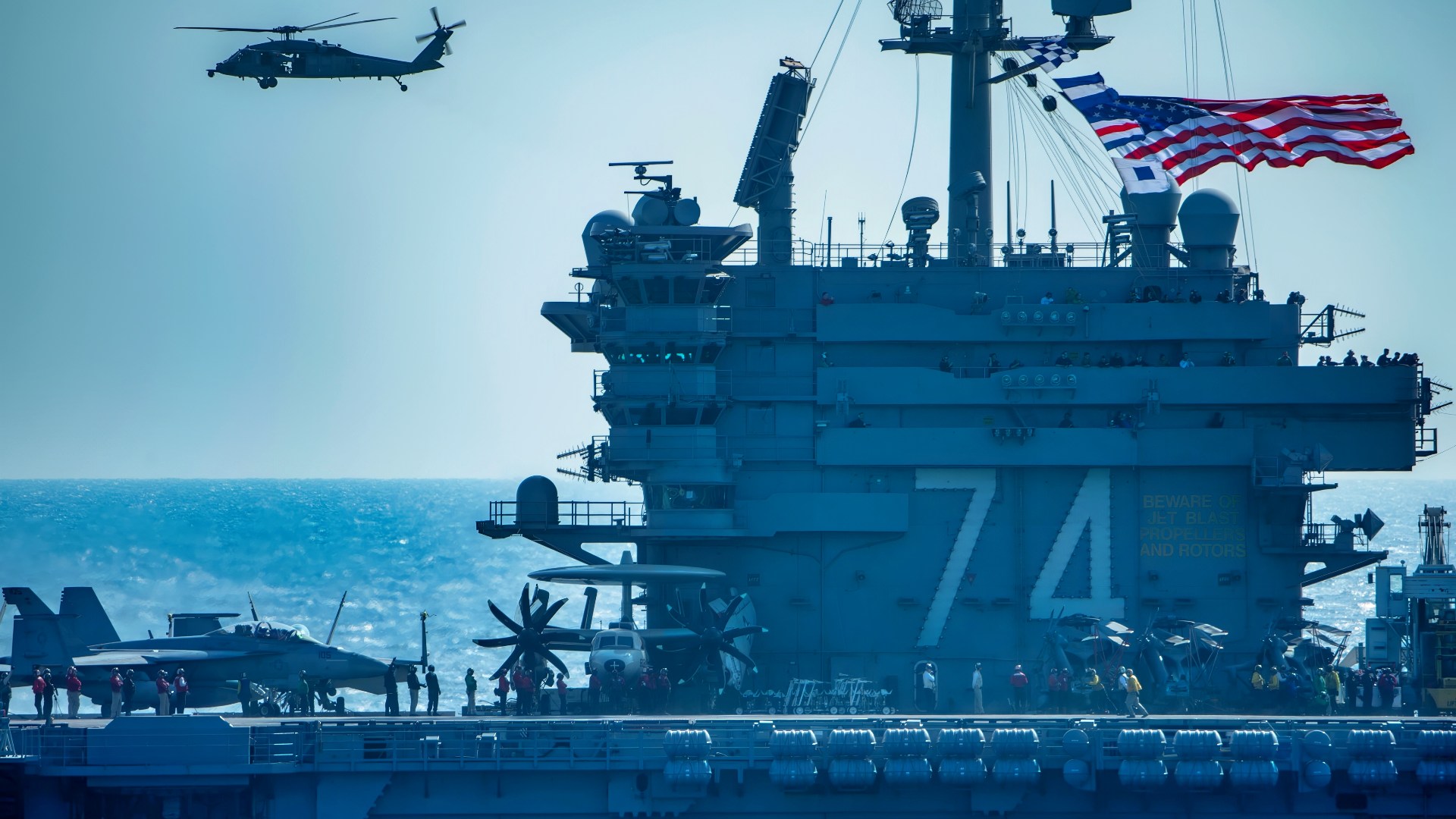 ARABIAN SEA (Dec. 14, 2018) The Nimitz-class aircraft carrier USS John C. Stennis transits the Arabian sea with the Essex Amphibious Ready Group (ARG) and 13th Marine Expeditionary Unit (MEU). The John C. Stennis Carrier Strike Group, Essex ARG, and 13th MEU are conducting integrated operations in the Arabian Sea to ensure stability in the Central Region, connecting the Mediterranean and the Pacific through the western Indian Ocean and three strategic choke points. (U.S. Navy photo by Mass Communication Specialist 3rd Class Tyler Diffie)
