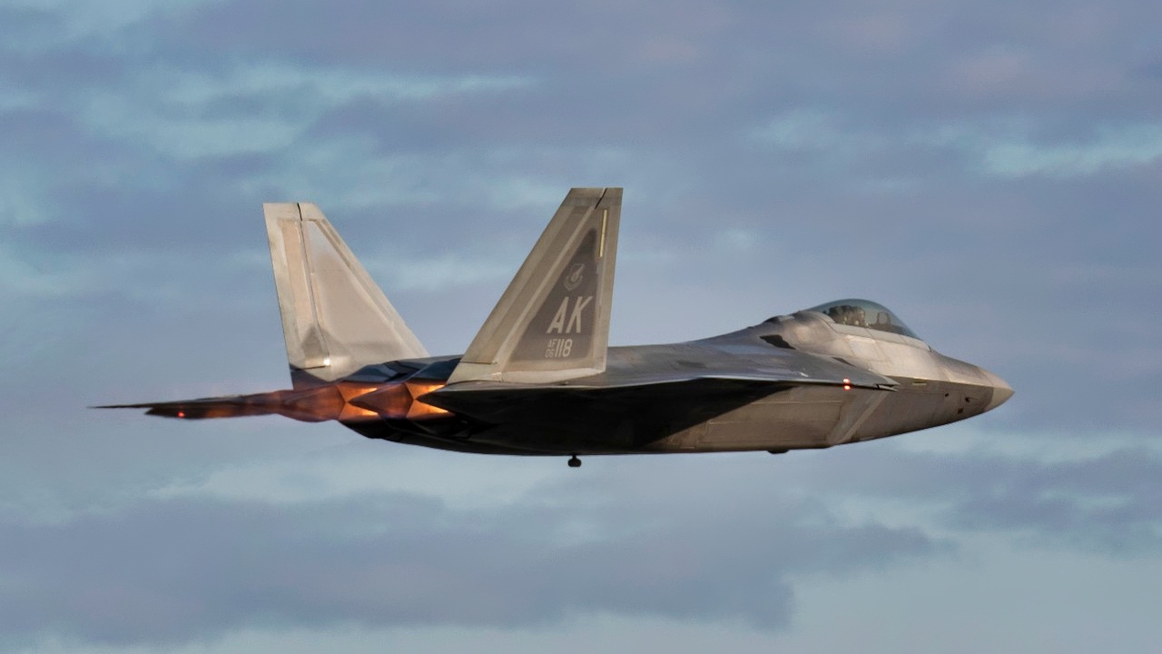 A U.S. Air Force F-22 Raptor assigned to the 3rd Wing conducts flight operations at Joint Base Elmendorf-Richardson, Sept. 28, 2023. The F-22 Raptor is a critical component of the Global Strike Task Force, and is designed to project air dominance rapidly and at great distances to defeat threats. (U.S. Air Force photo by Senior Airman Julia Lebens)