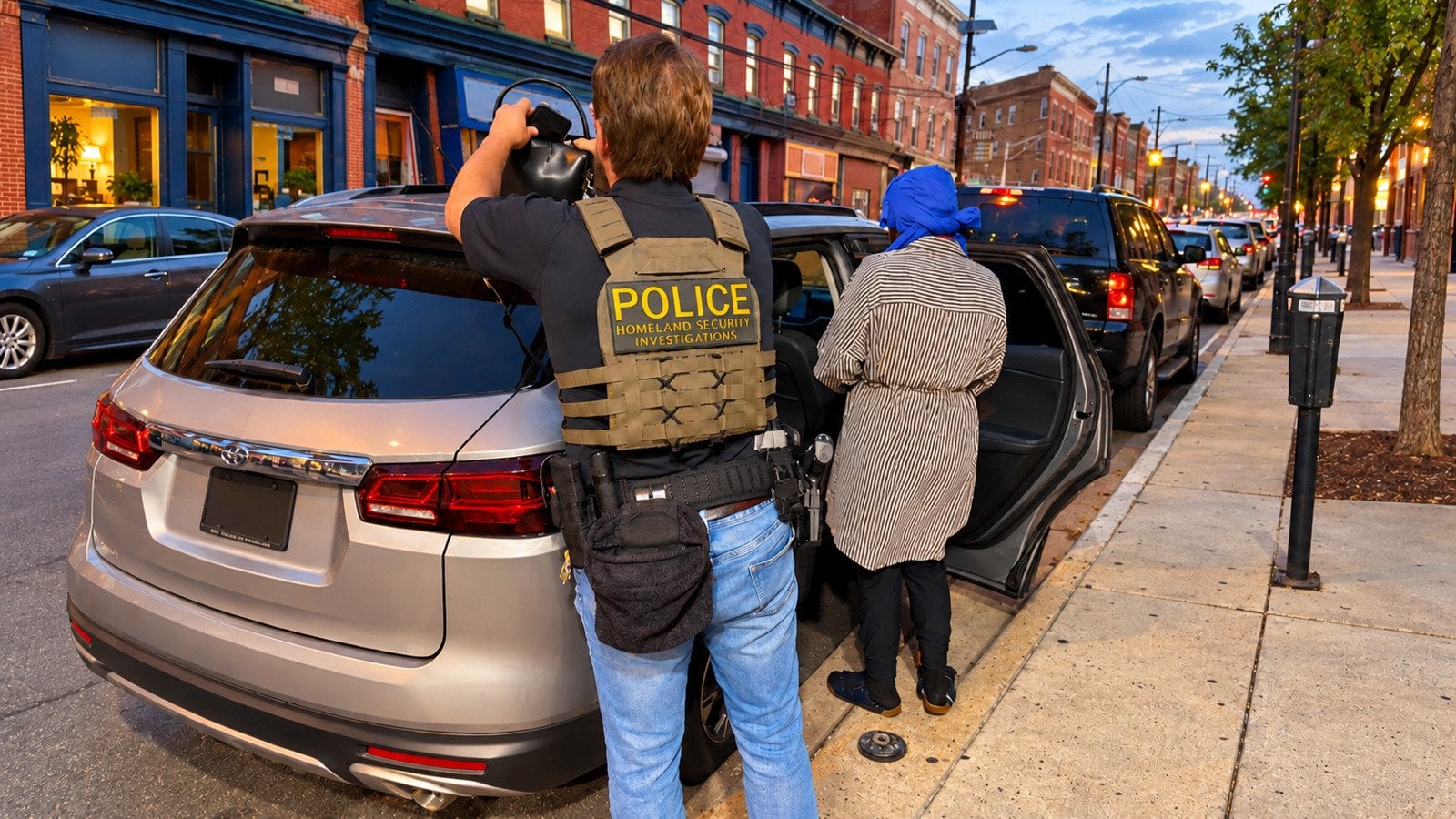 Homeland Security Investigations officer escorting a detained person