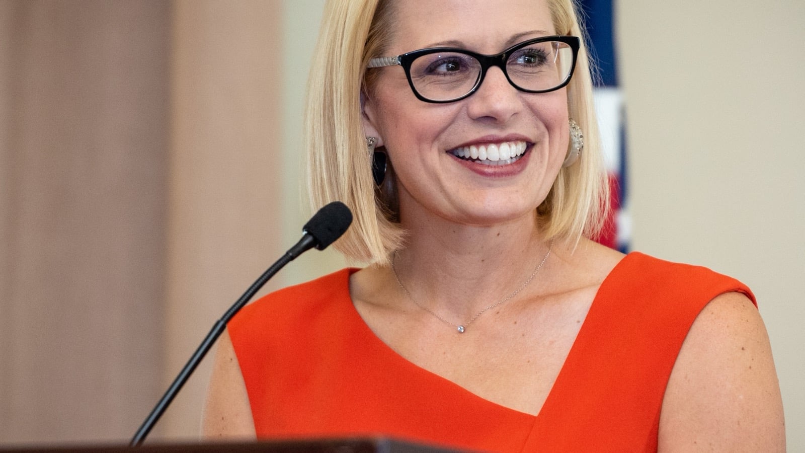 Former Arizona Sen. Kyrsten Sinema speaks at a lectern in an official congressional photograph